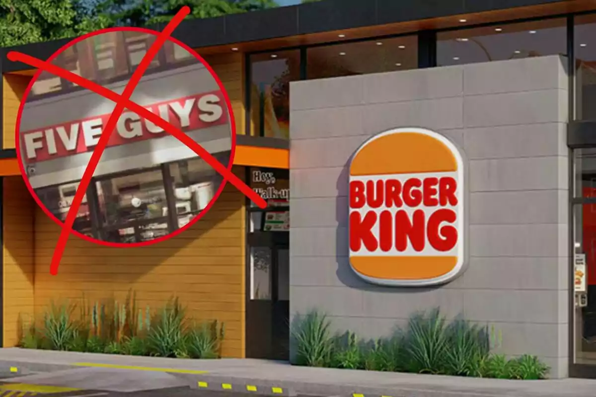 Image of a Burger King restaurant with a Five Guys logo crossed out in a red circle.