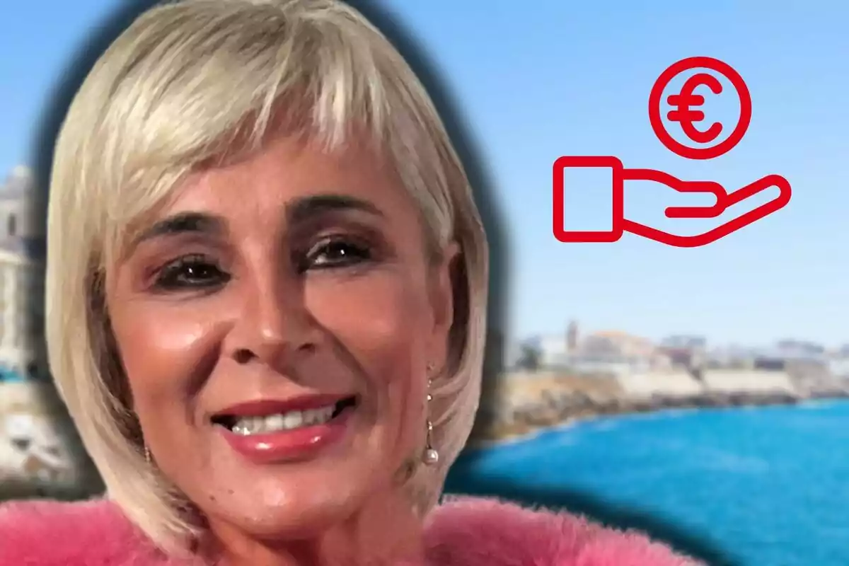 Ana María Aldón sonriente con cabello rubio y un ícono de mano sosteniendo un símbolo de euro sobre un fondo costero.