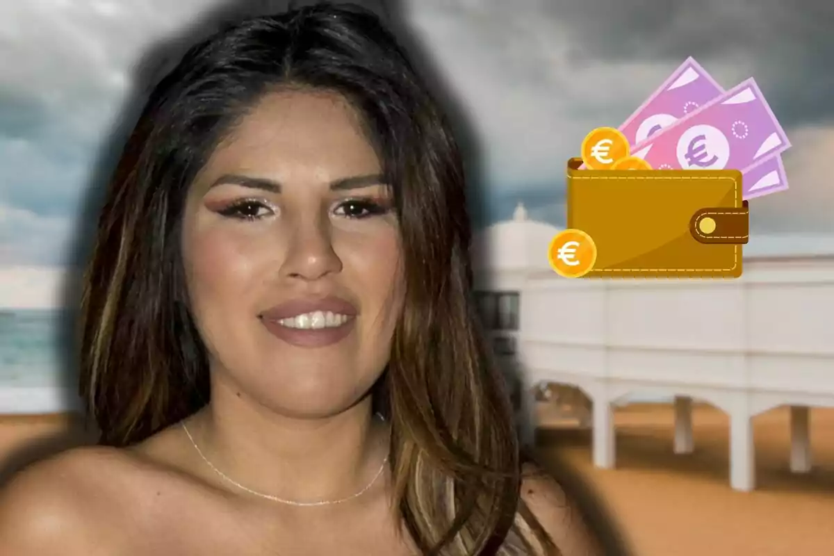 Isa Pantoja sonriente con un fondo de playa y un gráfico de billetera con dinero.