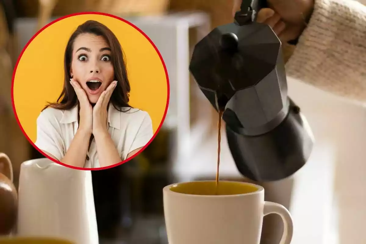 Una mujer con expresión de sorpresa en un círculo rojo sobre un fondo amarillo junto a una imagen de una cafetera vertiendo café en una taza blanca.