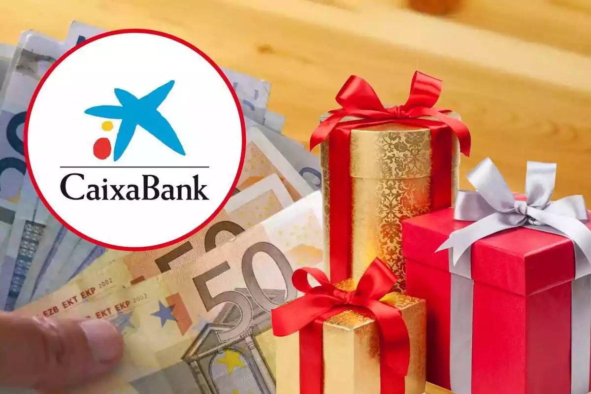montaje de CaixaBank, unos billetes y tres regalos