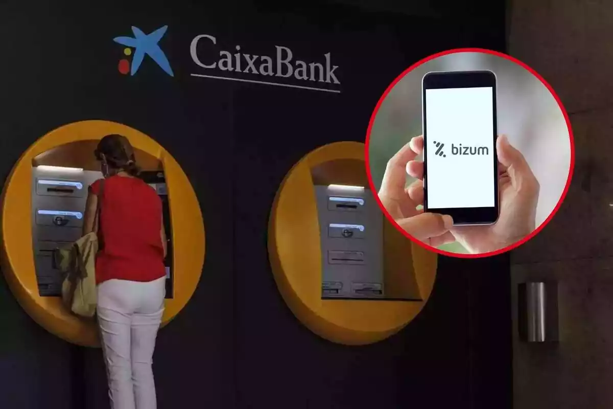 Montaje de la oficina CaixaBank junto a una imagen de unas manos sujetando un móvil con la aplicación de Bizum abierta