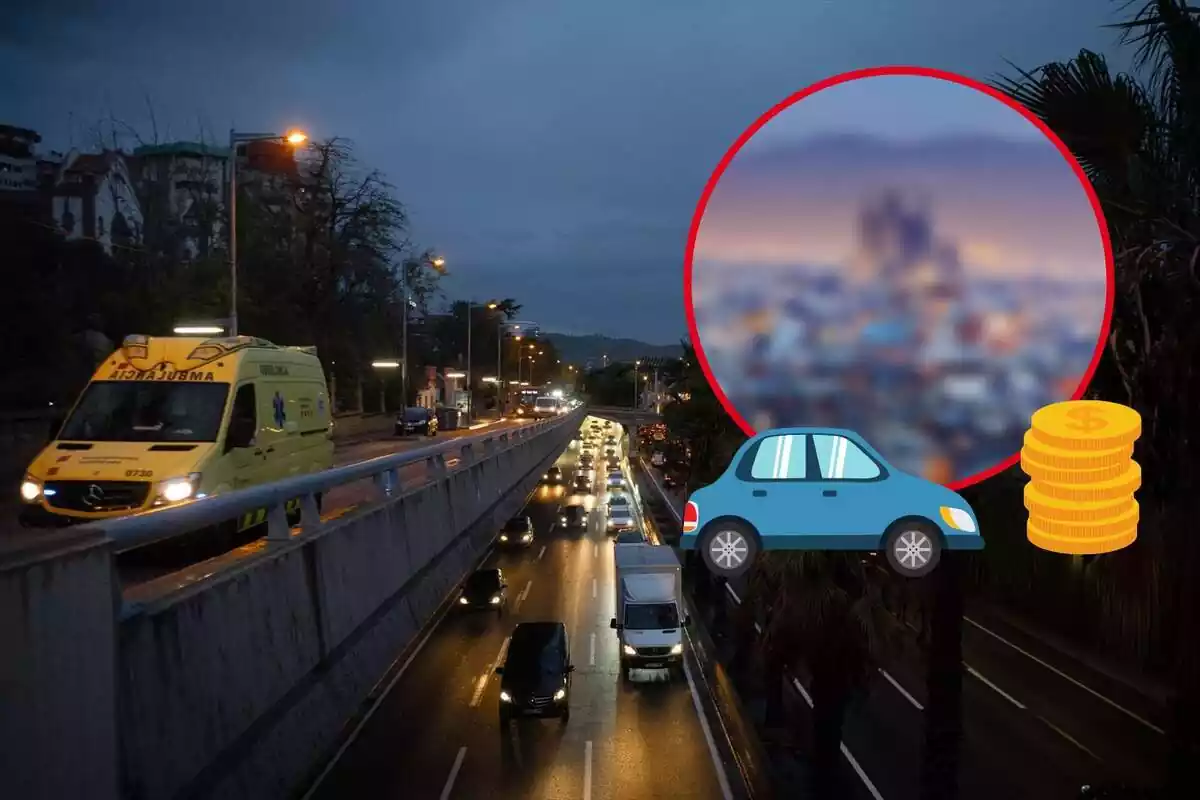 Montaje de una calle de Barcelona con coches, una imagen de Barcelona desenfocada, un coche y monedas