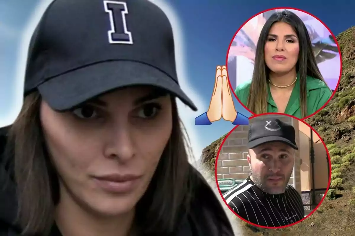 Irene Rosales con gorra negra en primer plano y Isa Pantoja y Kiko Rivera en círculos rojos en el fondo, con un emoji de manos en oración entre ellos.