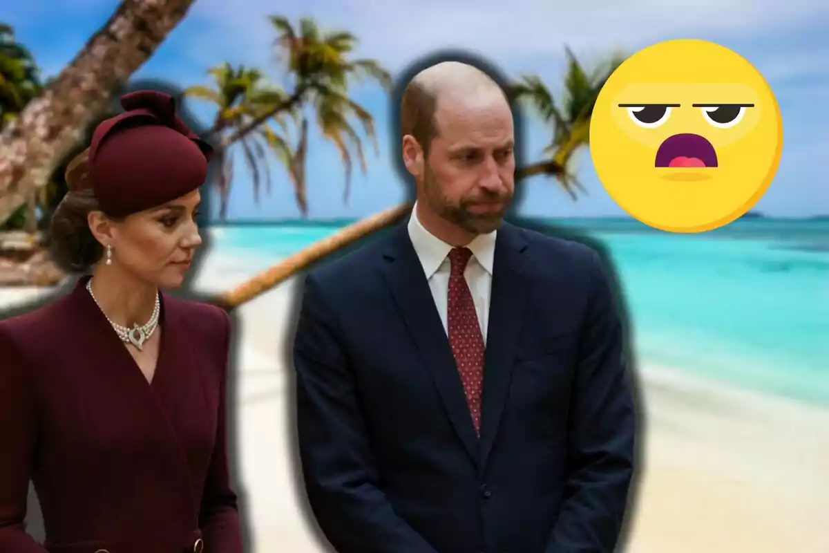 Kate Middleton y el príncipe Guillermo vestida formalmente está superpuesta sobre un fondo de playa tropical con un emoji de expresión aburrida flotando a su lado.