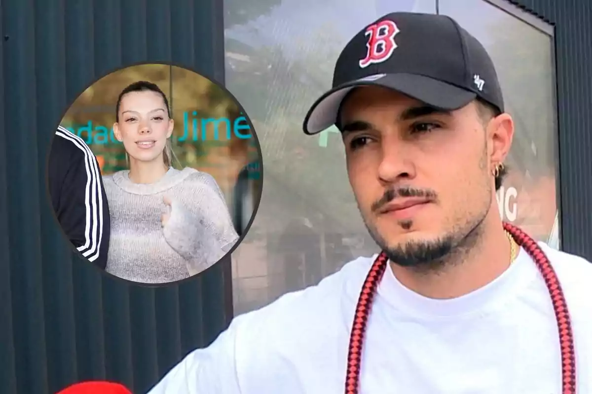 Montaje con Carlo Costanzia, con gorra negra y camiseta blanca aparece en primer plano, y Alejandra Rubio, con suéter gris en un círculo