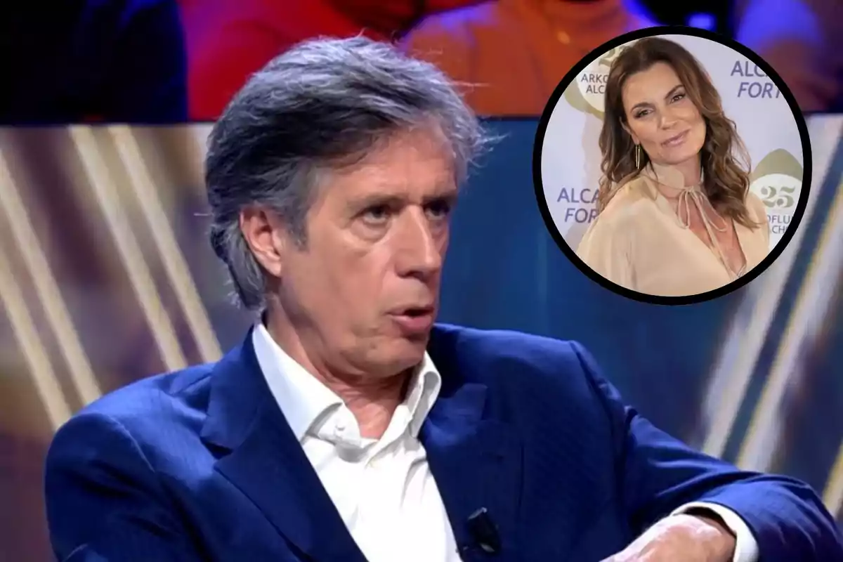 Montaje con Carlo Costanzia, con cabello canoso y traje azul, y Mar Flores, dentro de un círculo de color negro