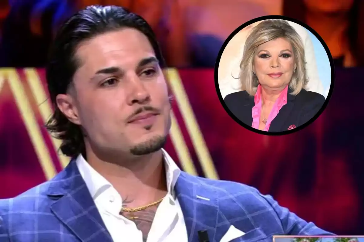 Montaje con Carlo Costanzia, con traje azul en '¡De Viernes!', y Terelu Campos, con chaqueta oscura y camisa rosa dentro de un círculo negro