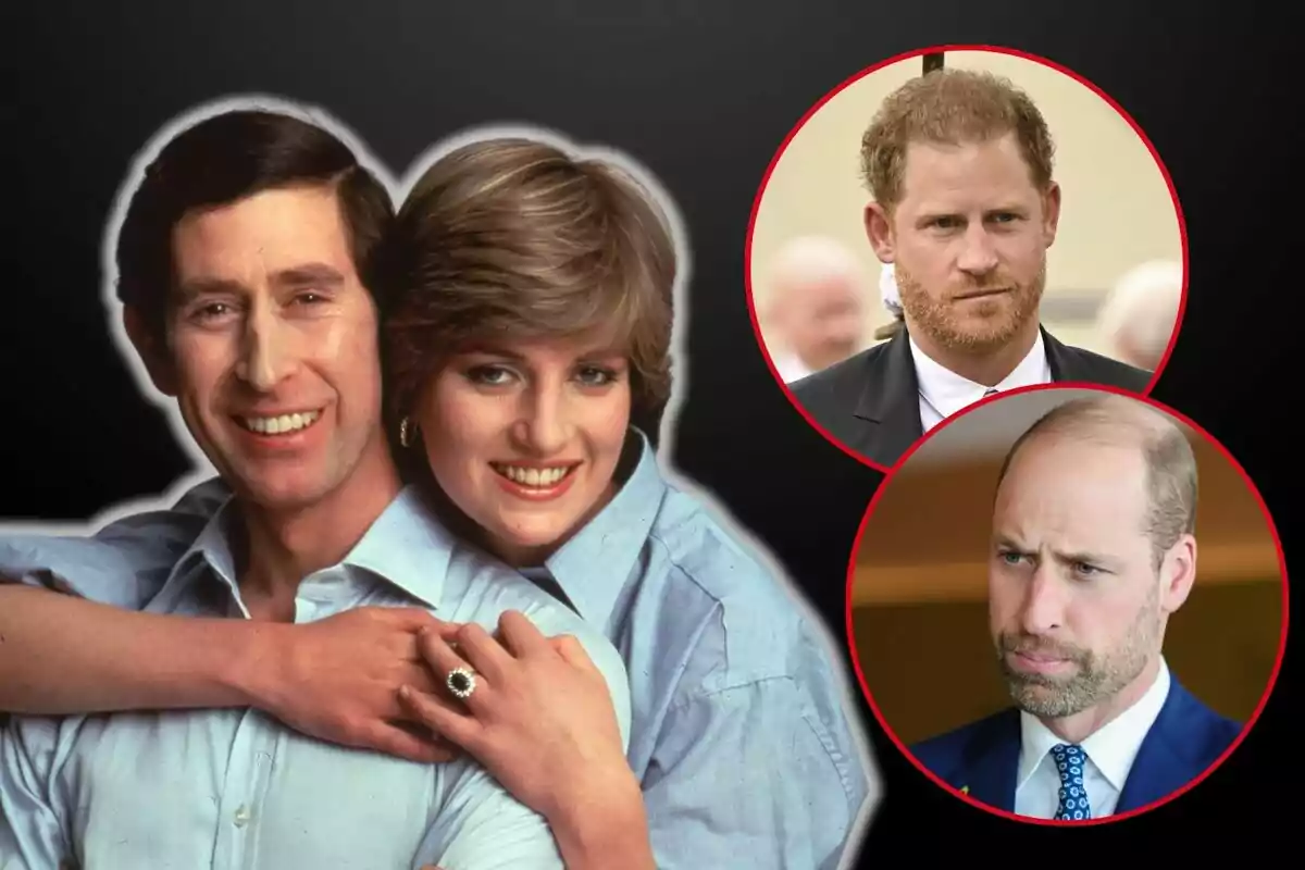 King Charles III and Lady Di smiling in the center with Prince Harry and Prince William in red circles on the right.
