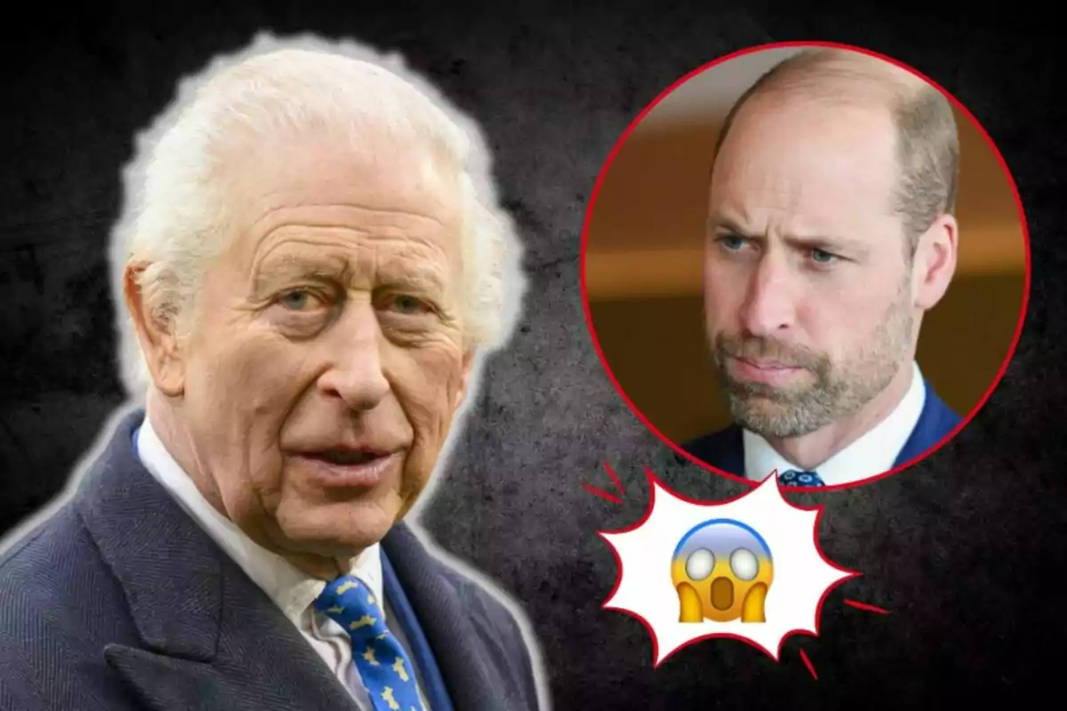 King Charles III and Prince William with serious expressions, one in a red circle and a surprised emoji at the bottom.