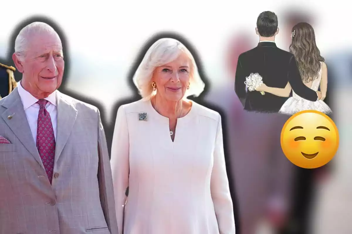 Carlos III y la reina Camila vestidos de manera elegante aparecen junto a una ilustración de una pareja de recién casados y un emoji sonriente