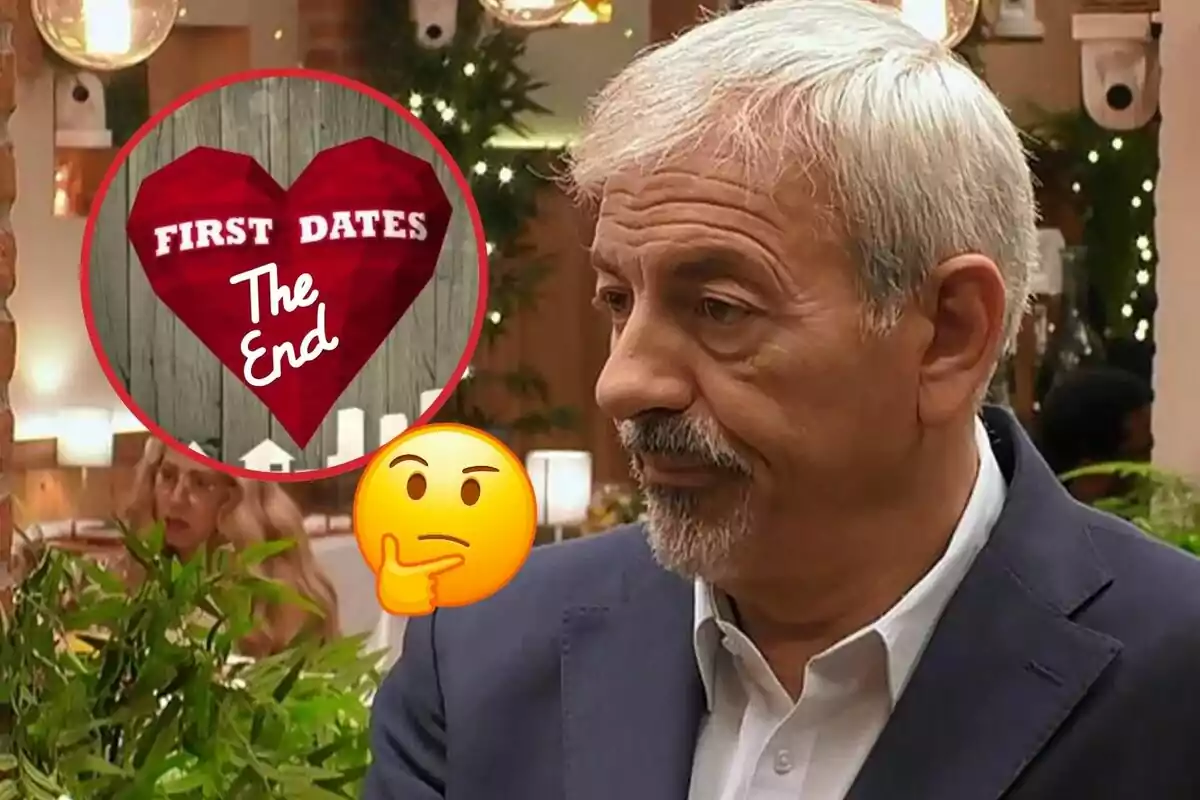 Un hombre mayor con expresión pensativa aparece en un restaurante, mientras un gráfico de corazón con el texto "First Dates The End" está superpuesto en la imagen.