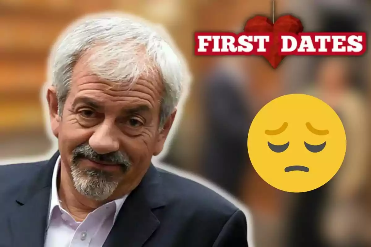 Carlos Sobera con expresión seria junto al logo de "First Dates" y un emoji triste.