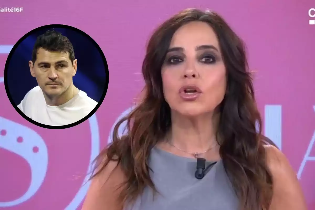 Montaje con Carmen Alcayde, con vestido gris presentando 'Socialité', e Iker Casillas, serio y dentro de un círculo negro