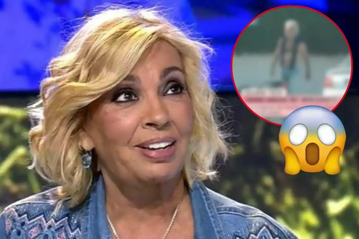 Carmen Borrego sonriendo en un programa de televisión con un recuadro en la esquina superior derecha que muestra una figura borrosa y un emoji de sorpresa.