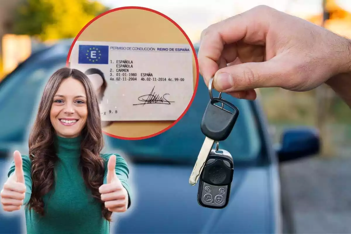 Una persona enseña las llaves de un coche, mientras que una joven sonríe con los pulgares en alto y en el círculo, un carnet de conducir