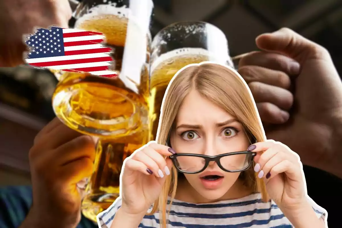 A woman with a surprised expression adjusts her glasses in front of a background of people toasting with beer mugs and a United States flag.