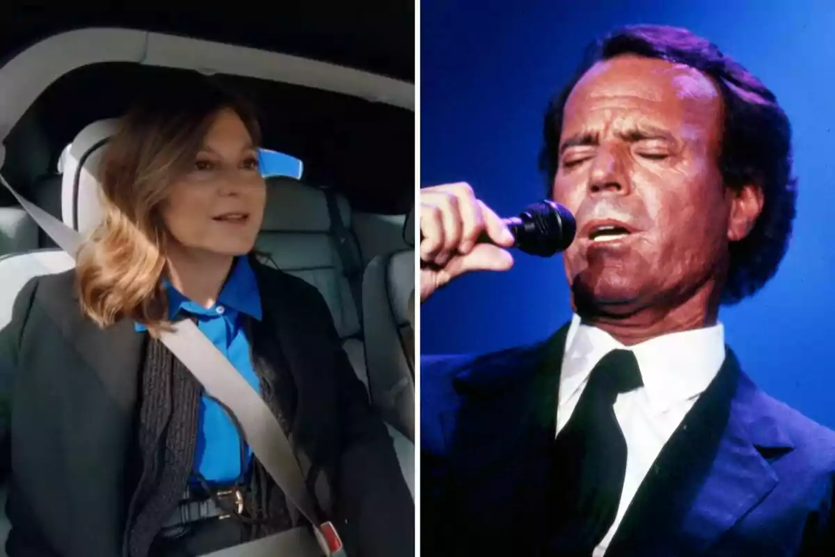 Chábeli Iglesias sitting in a car with her seat belt on and Julio Iglesias singing on a stage with a microphone in his hand.