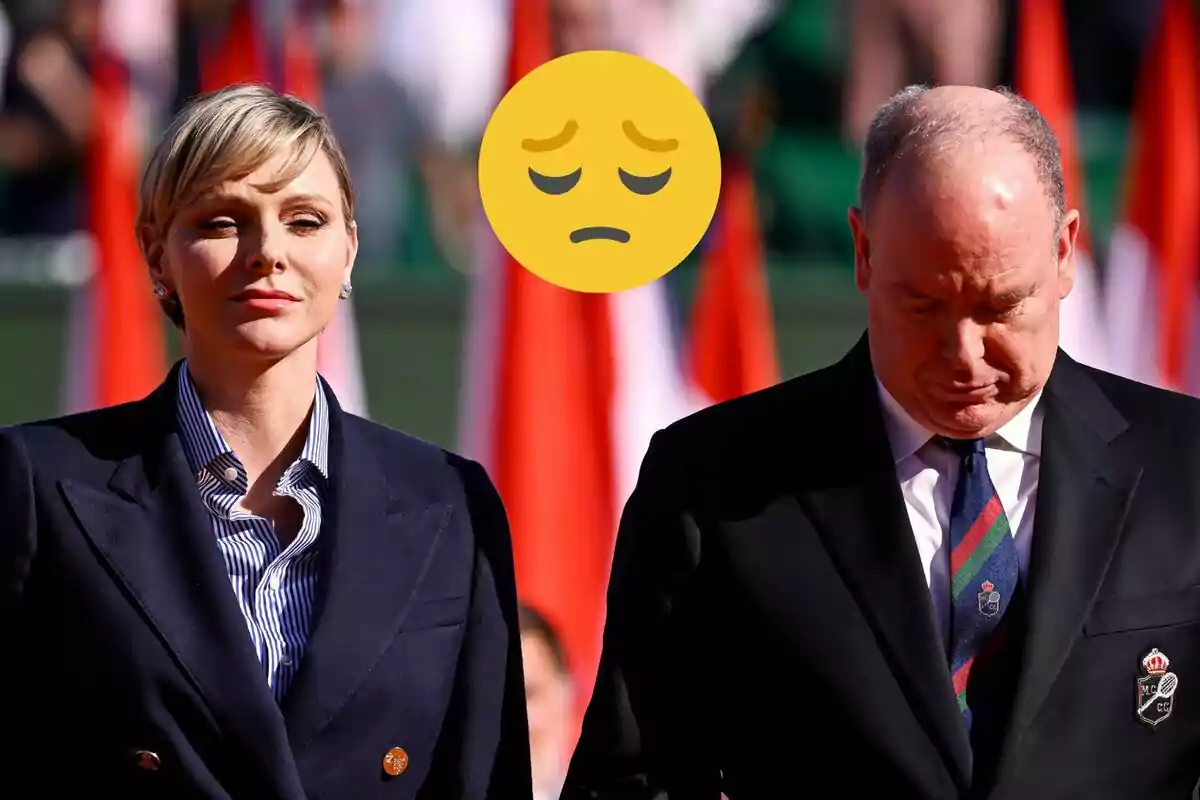 Charlene and Albert of Monaco formally dressed with a thinking face emoji over a background of flags.