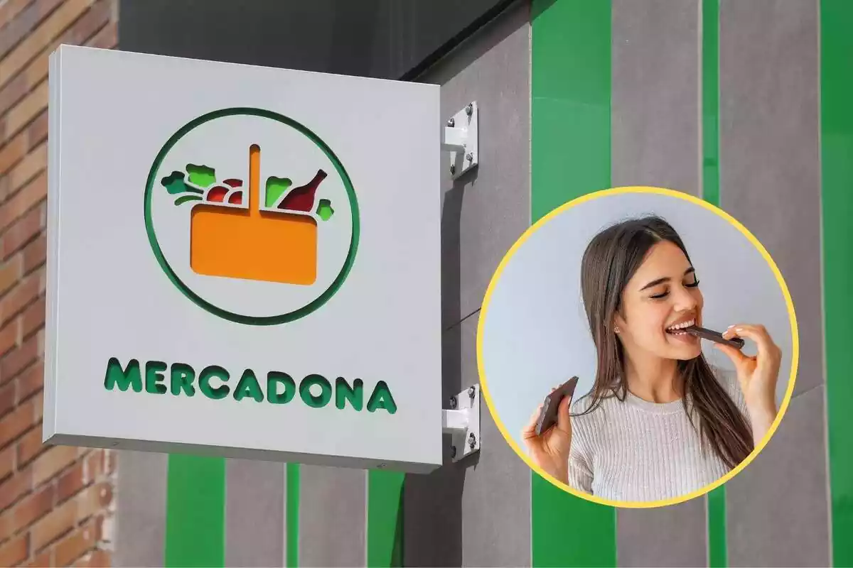 Montaje de la salida del Mercadona con el logo y una chica feliz comiendo chocolate