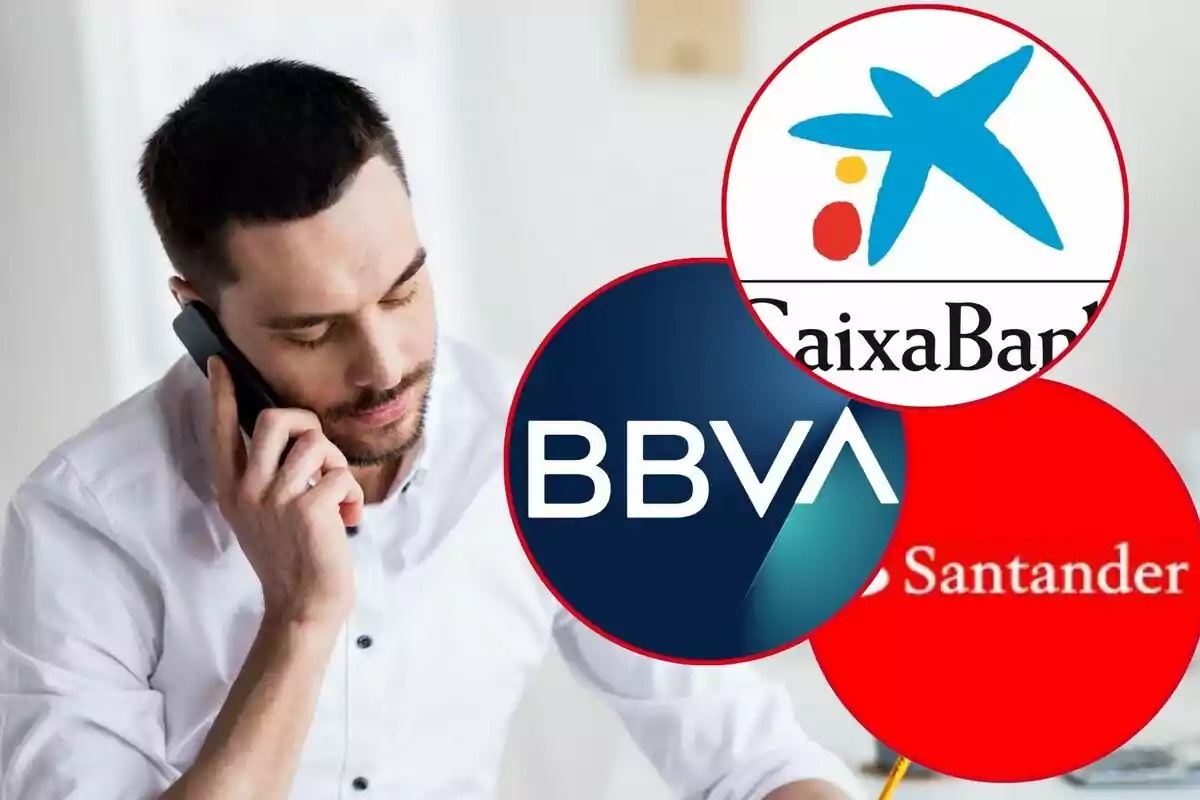 Un hombre hablando por teléfono con logotipos de bancos españoles superpuestos, incluyendo CaixaBank, BBVA y Santander.