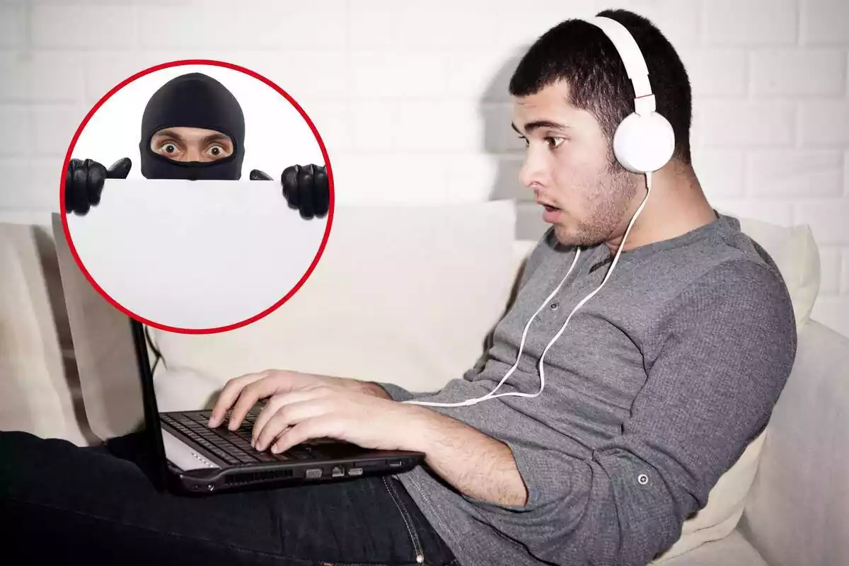 Montaje de un chico tumbado en el sofá con auriculares y usando el ordenador, y una redonda con un ladrón dentro