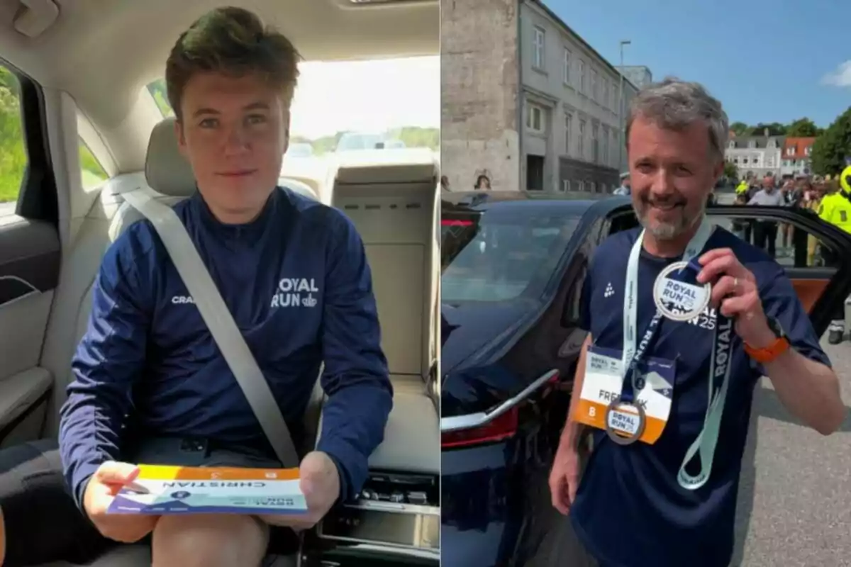 Dos personas con camisetas de Royal Run una sentada en un coche sosteniendo un dorsal y otra de pie mostrando una medalla frente a un automóvil en la calle Dos personas con camisetas de Royal Run una sentada en un coche sosteniendo un dorsal y otra de pie mostrando una medalla frente a un automóvil en la calle