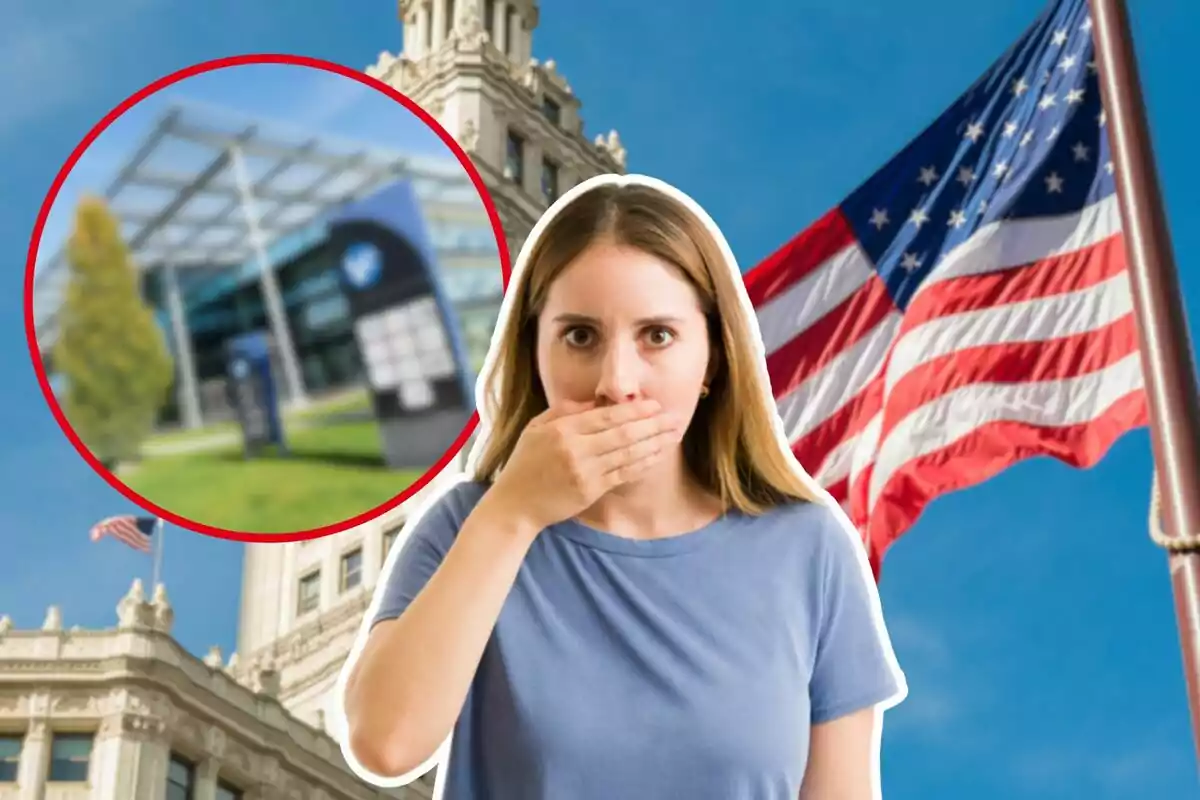 A woman with a surprised expression covers her mouth in front of a historic building and a U.S. flag with an inset showing a modern building.
