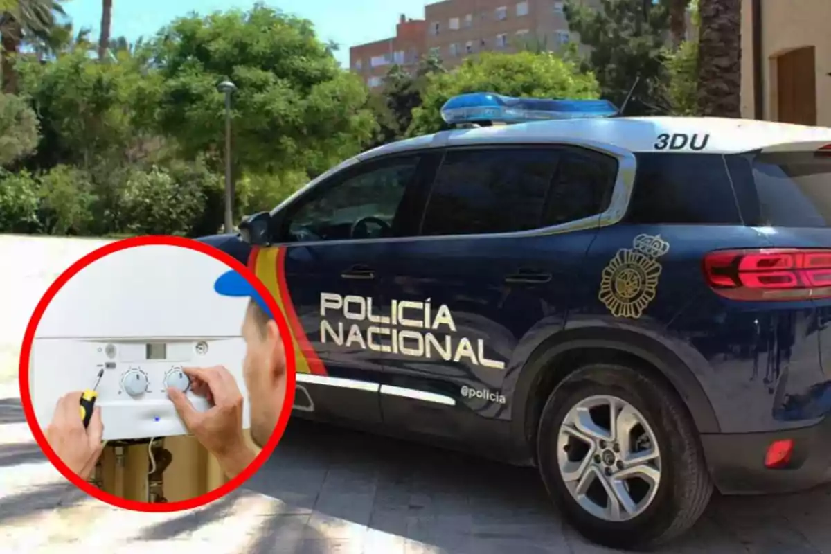 montaje coche de policia e imagen de un tecnico del gas dentro de un circulo rojo