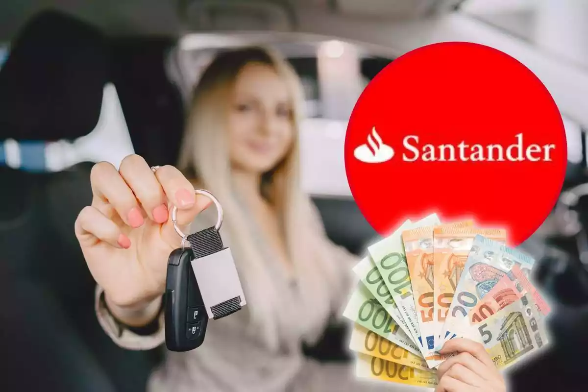 Una chica enseña las llaves del coche en el interior del vehículo, y en la parte izquierda, varios billetes de euro sujetados por una mano y el logo del Santander en un círculo Una chica enseña las llaves del coche en el interior del vehículo, y en la parte izquierda, varios billetes de euro sujetados por una mano y el logo del Santander en un círculo