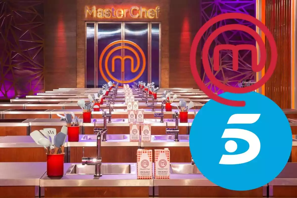 Montaje de la cocina de 'MasterChef', el logo del programa y el de Telecinco