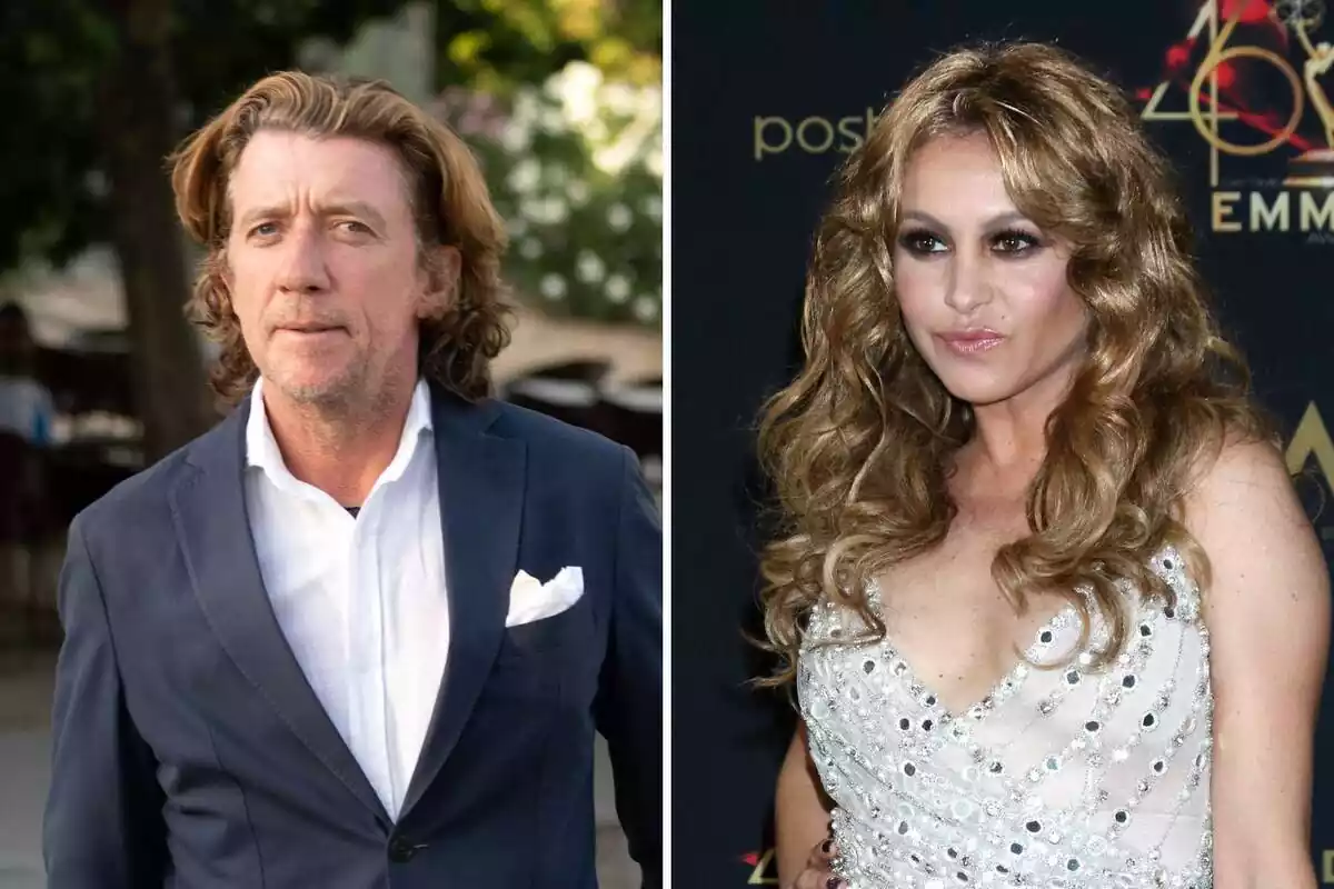 Montaje de Colate en traje serio en la calle y Paulina Rubio posando sacando labios Montaje de Colate en traje serio en la calle y Paulina Rubio posando sacando labios
