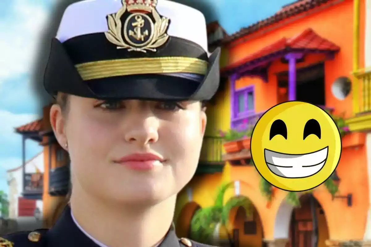 Princess Leonor in military uniform and cap is in front of a colorful building with a smiling emoji superimposed.