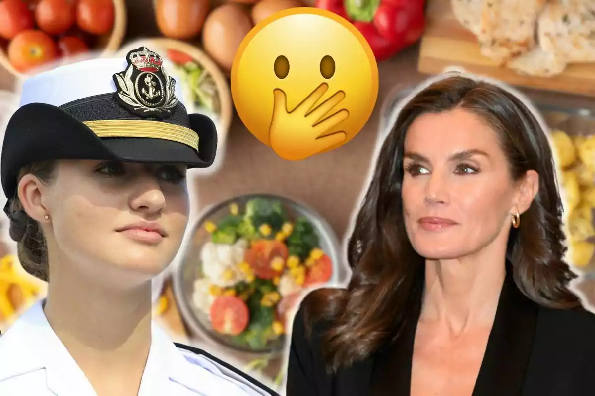 Leonor con uniforme naval y la reina Letizia con cabello suelto están frente a un fondo de alimentos con un emoji sorprendido en el centro.