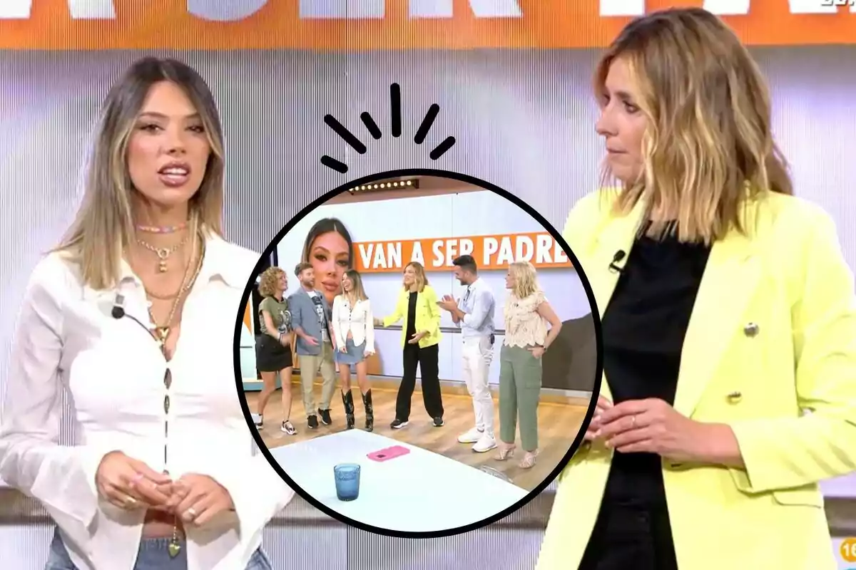 Dos mujeres presentan un programa de televisión, una de ellas lleva una chaqueta amarilla y la otra una blusa blanca, en el centro de la imagen hay un círculo que muestra a varias personas en el set con un cartel que dice "VAN A SER PADRES".