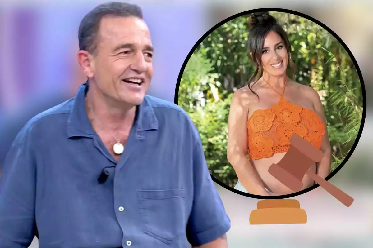 Un hombre sonriente con camisa azul y una mujer con top naranja en un círculo con un mazo de juez.