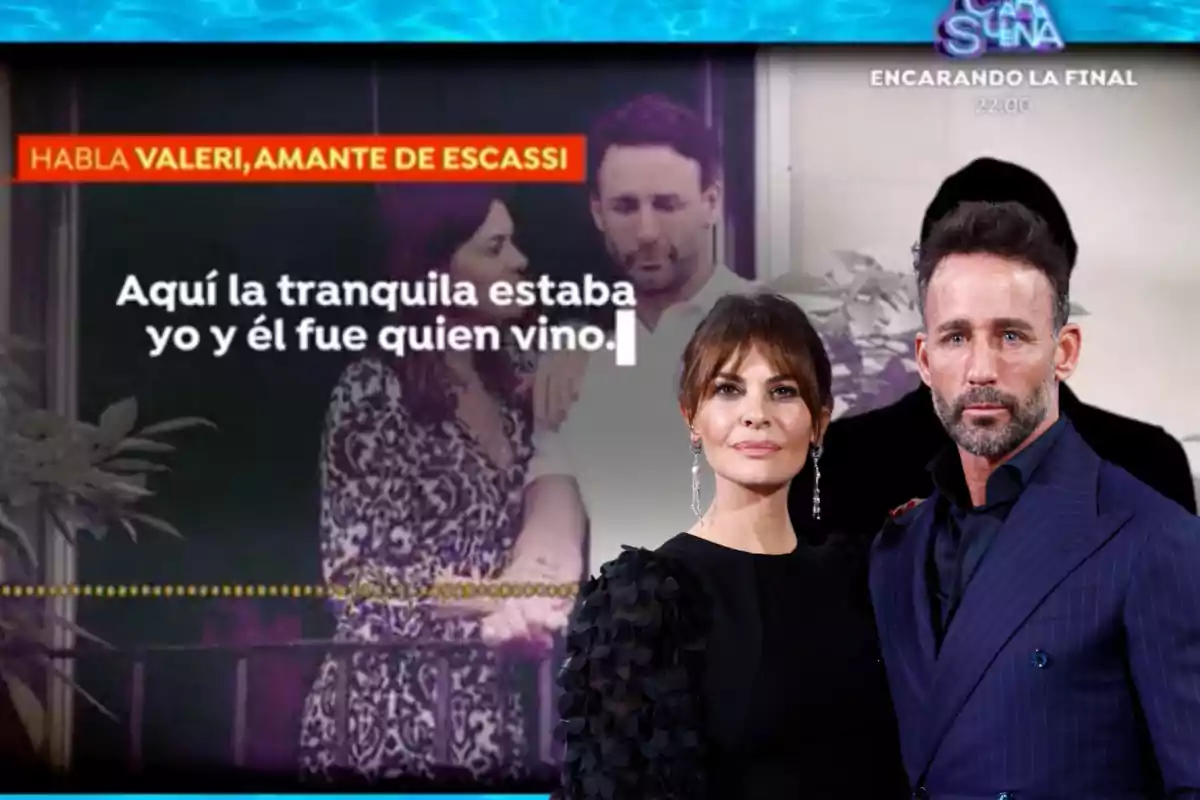 En la imagen se muestra a dos personas en primer plano, una mujer y un hombre, ambos vestidos de manera elegante. En el fondo, se observa una captura de pantalla de un programa de televisión con el texto "HABLA VALERI, AMANTE DE ESCASSI" y una cita que dice "Aquí la tranquila estaba yo y él fue quien vino."