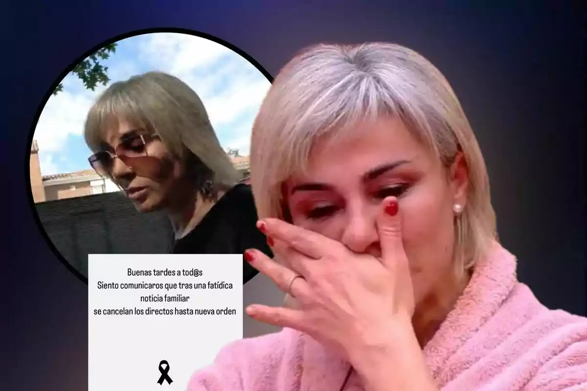 Montaje con Ana María Aldón llorando junto a una imagen suya en casa de Ortega Cano y el mensaje que ha compartido en redes sociales