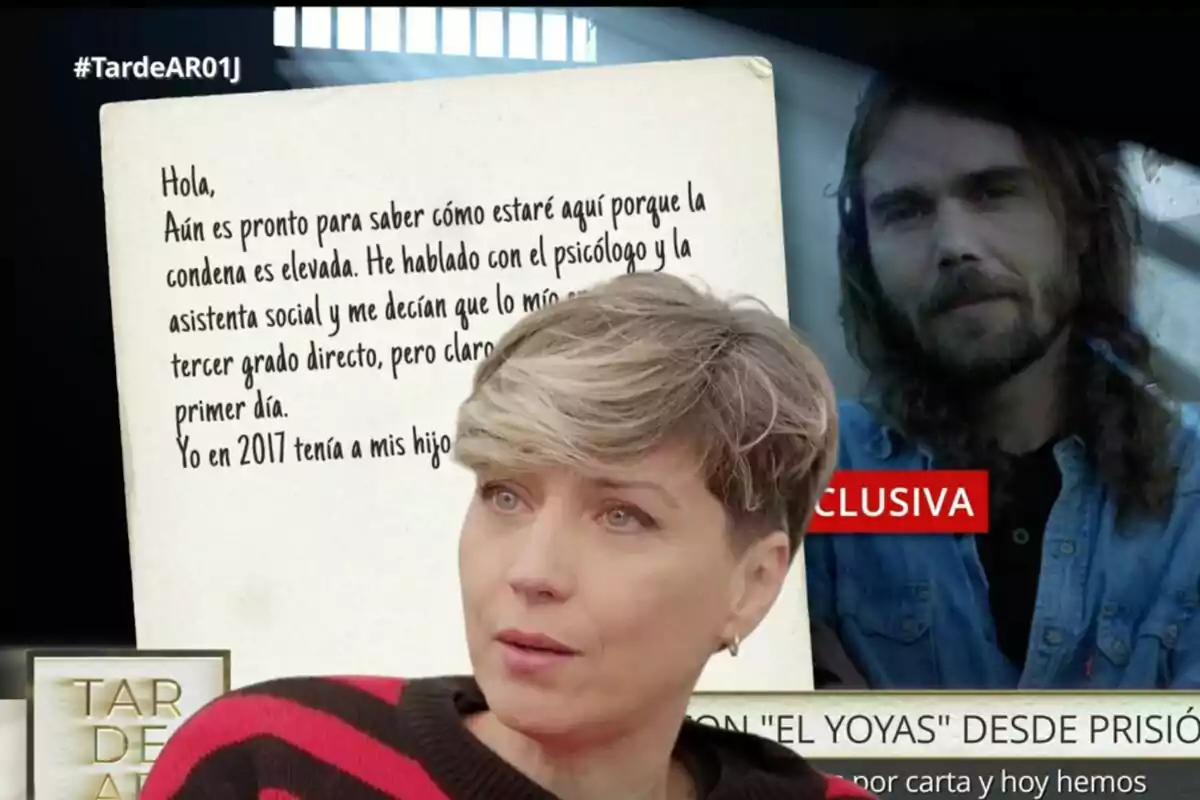 Una mujer de cabello corto y rubio aparece en primer plano, con una expresión seria. Detrás de ella, se ve una carta escrita a mano y la imagen de un hombre con barba y cabello largo. En la carta se puede leer: "Hola, aún es pronto para saber cómo estaré aquí porque la condena es elevada. He hablado con el psicólogo y la asistenta social y me decían que lo mío era tercer grado directo, pero claro, es el primer día. Yo en 2017 tenía a mis hijos". En la esquina superior izquierda se encuentra el hashtag #TardeAR01J y en la parte inferior derecha se lee "EXCLUSIVA".