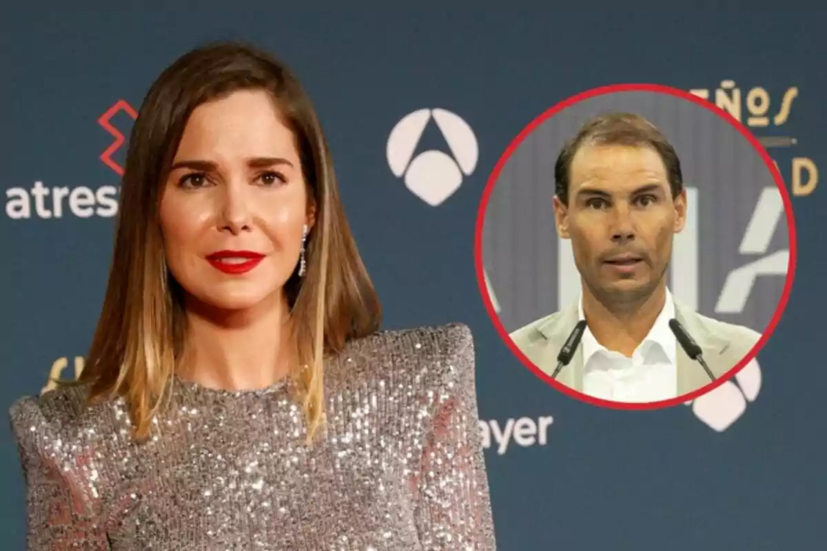 Natalia Sánchez con un vestido brillante posa frente a un fondo azul con logotipos, mientras Rafa Nadal aparece en un círculo rojo en la esquina superior derecha.