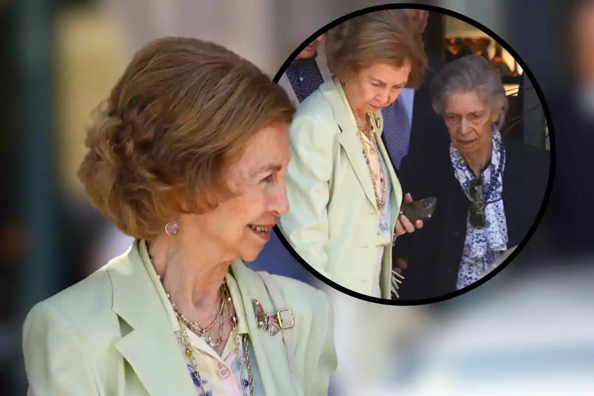 Una mujer mayor con cabello castaño claro y peinado elegante, vestida con un traje verde claro y collares, sonríe mientras camina; en un recuadro, se la ve ayudando a otra mujer mayor con cabello gris y vestida con ropa oscura.