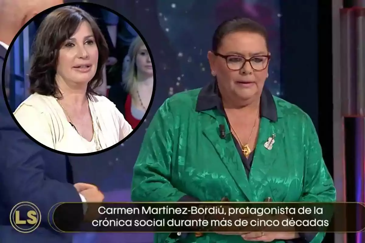 En la imagen se muestra a dos mujeres en un programa de televisión, una de ellas está en un recuadro circular y la otra está de pie con un micrófono, mientras en la parte inferior se lee el texto "Carmen Martínez-Bordiú, protagonista de la crónica social durante más de cinco décadas".