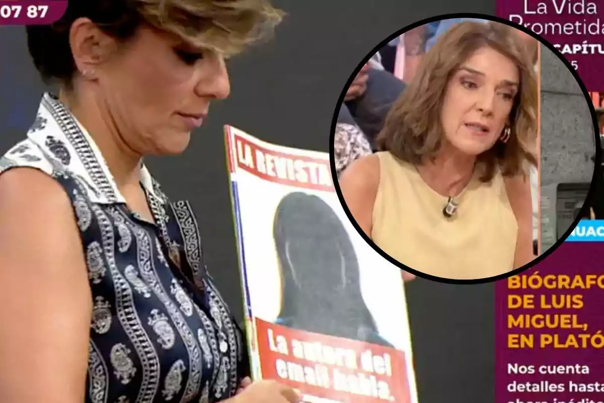 Una mujer sostiene una revista con una portada que dice "La autora del email habla" mientras otra mujer aparece en un recuadro circular en la esquina superior derecha.