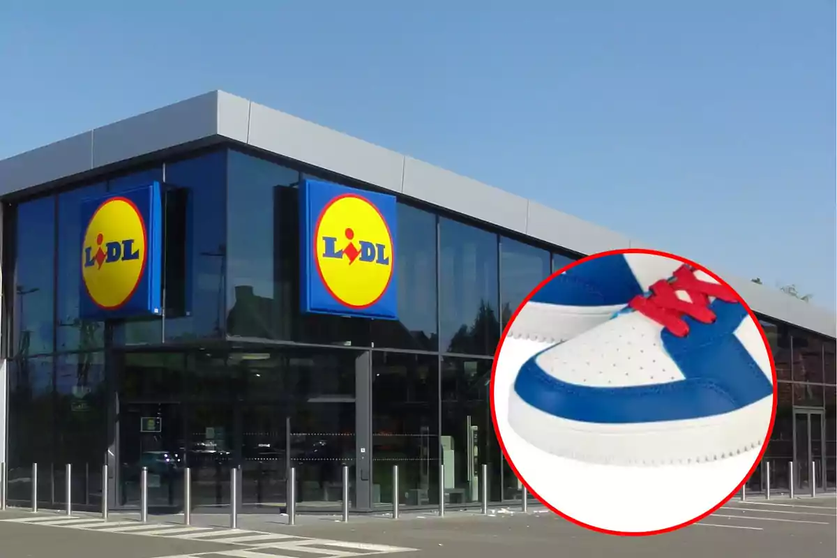 montaje con tienda de lidl y la imagen de las nuevas zapatillas dentro de un circulo rojo