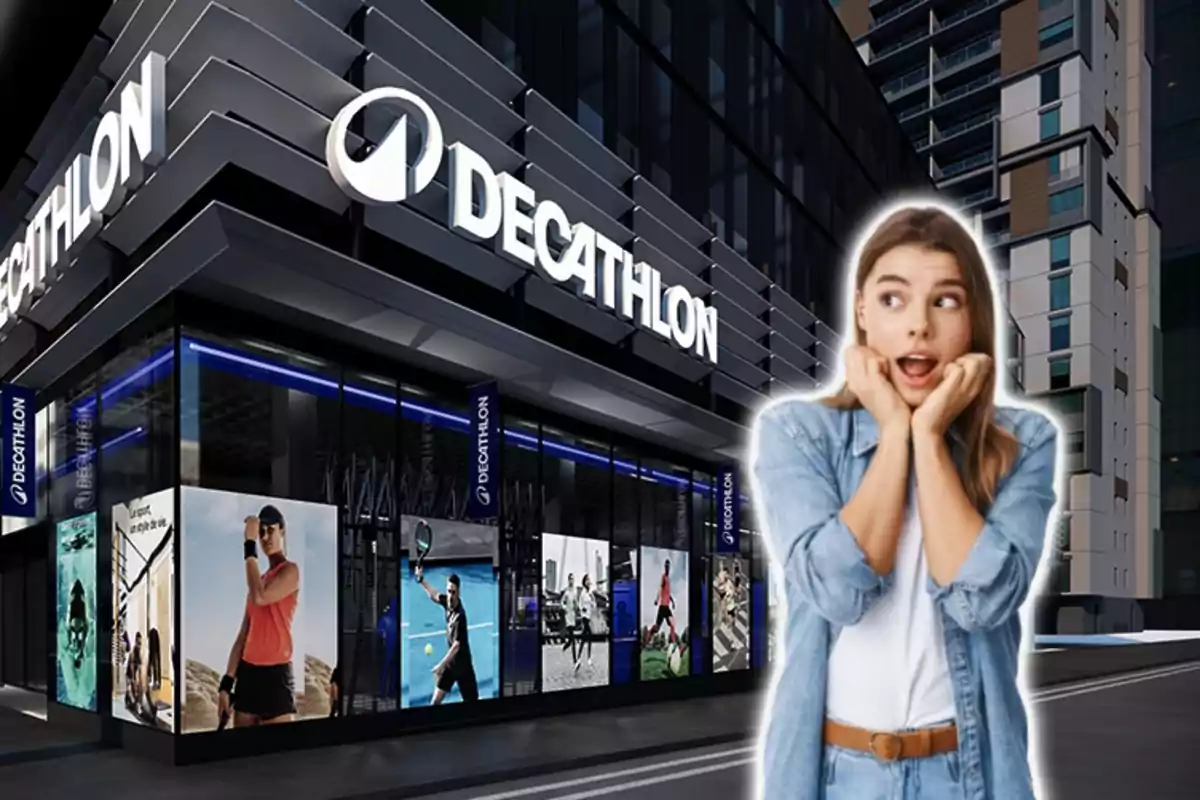 Una mujer sorprendida frente a una tienda de Decathlon iluminada por la noche.