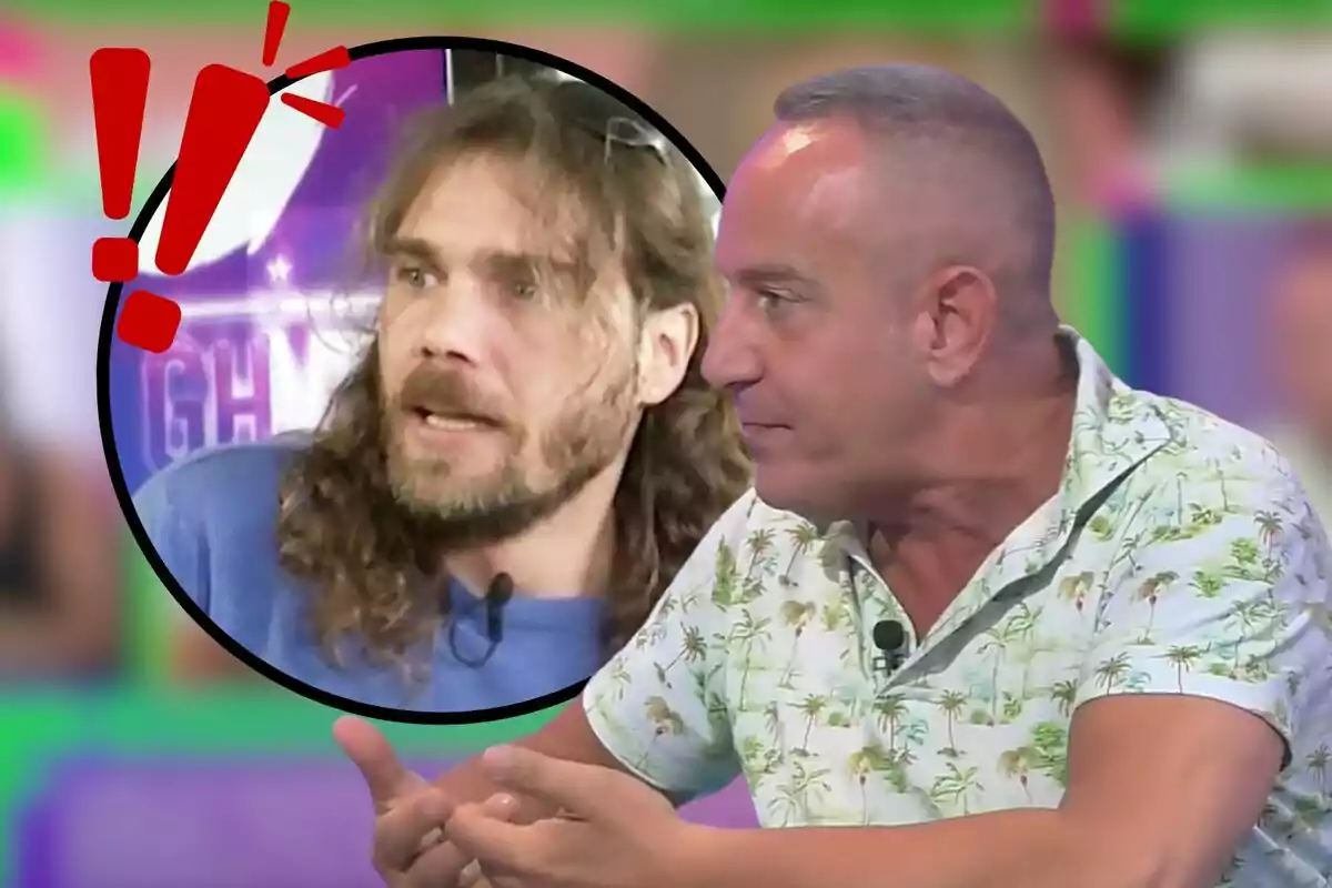 Dos hombres discutiendo en un programa de televisión, uno de ellos con cabello largo y barba, y el otro con cabello corto y una camisa con estampado de palmeras.
