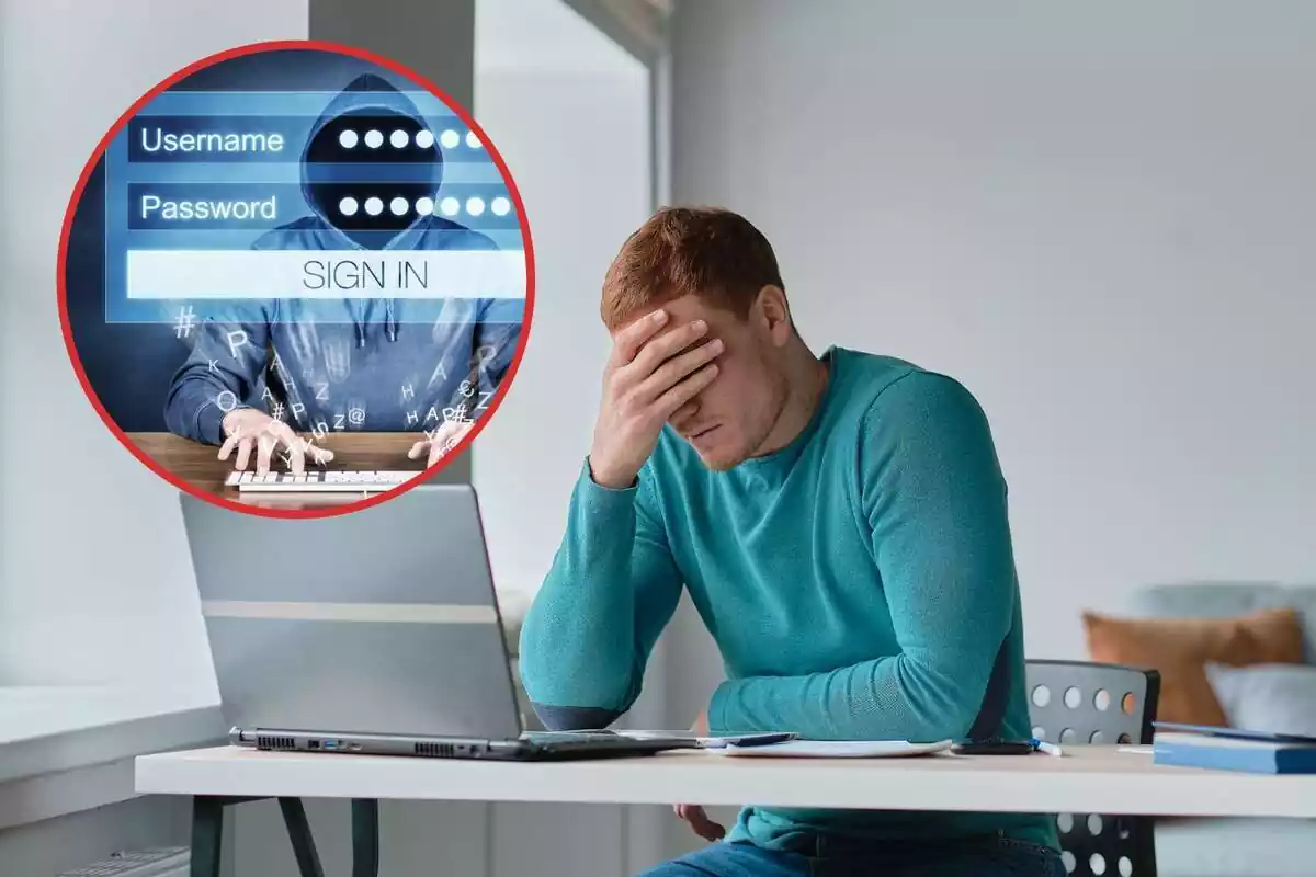 Un hombre se lamenta delante del ordenador, y en el círculo un ciberdelincuente con contraseñas