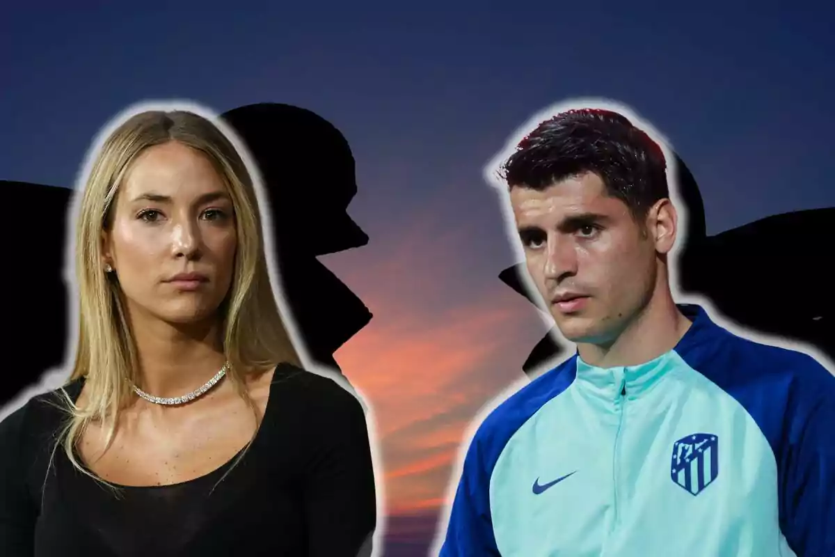 Alice Campello con un collar y Álvaro Morata con una chaqueta deportiva del Atlético de Madrid, ambos con un fondo de atardecer y siluetas negras.