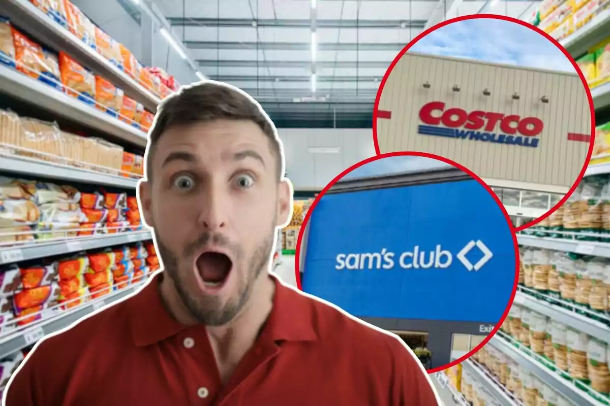 A man surprised in a supermarket aisle with images of the facades of Costco and Sam's Club in red circles.