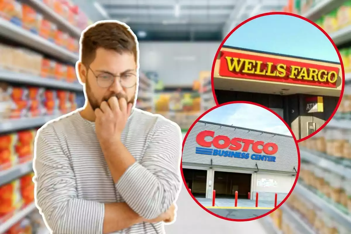 A man with a pensive expression in a supermarket aisle with images of Wells Fargo and Costco overlaid.